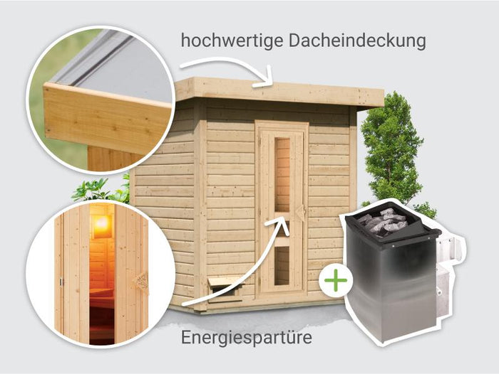 Osb smart choice Saunahaus Hella 1 38 - inkl. 9 kW Ofen integr. Steuerung - inkl. Dacheindeckung un