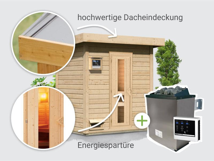 Osb smart choice Saunahaus Hella 1 38 mm - inkl. 9 kW Ofen ext. Steuerung - inkl. Dacheindeckung un