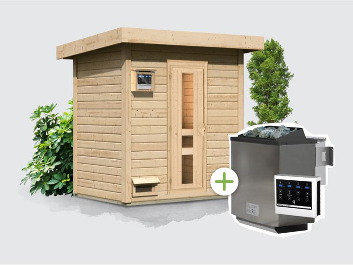 Osb smart choice Saunahaus Hella 1 38 mm - inkl. 9 kW Bioofen ext. Steuerung - inkl. Dacheindeckung