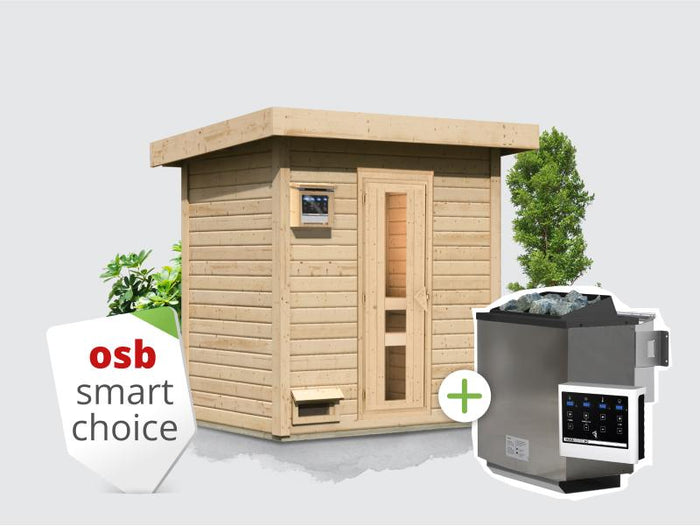 Osb smart choice Saunahaus Hella 1 38 mm - inkl. 9 kW Bioofen ext. Steuerung - inkl. Dacheindeckung