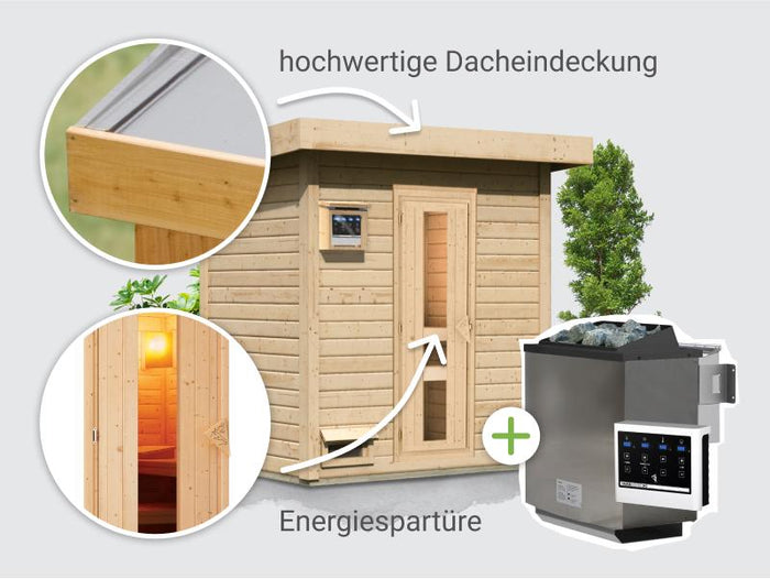 Osb smart choice Saunahaus Hella 1 38 mm - inkl. 9 kW Bioofen ext. Steuerung - inkl. Dacheindeckung