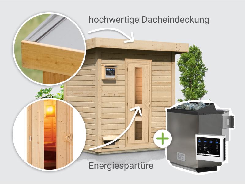 Osb smart choice Saunahaus Hella 1 38 mm - inkl. 9 kW Bioofen ext. Steuerung - inkl. Dacheindeckung