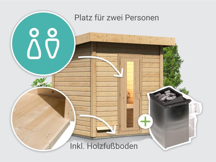 Osb smart choice Saunahaus Hella 2 38 mm - inkl. 9 kW Ofen integr. Steuerung - mit Dacheindeckung u