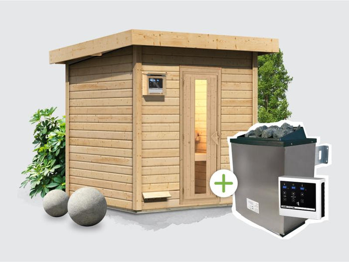 Osb smart choice Saunahaus Hella 2 38 mm - inkl. 9 kW Ofen ext. Steuerung - mit Dacheindeckung und