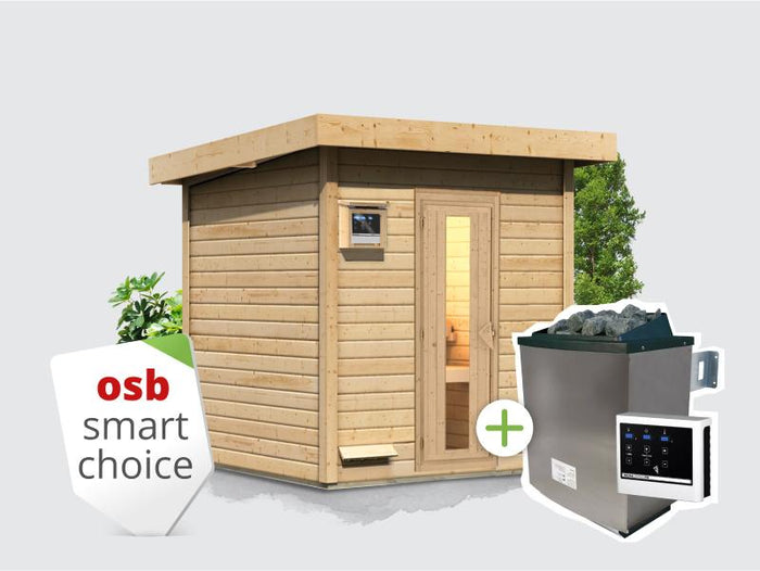 Osb smart choice Saunahaus Hella 2 38 mm - inkl. 9 kW Ofen ext. Steuerung - mit Dacheindeckung und