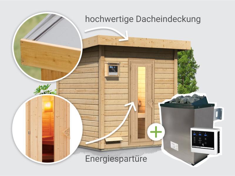 Osb smart choice Saunahaus Hella 2 38 mm - inkl. 9 kW Ofen ext. Steuerung - mit Dacheindeckung und