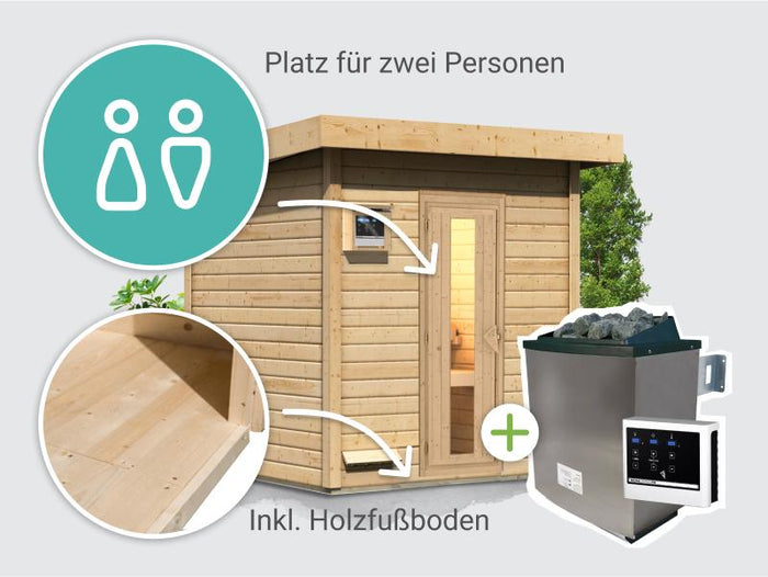 Osb smart choice Saunahaus Hella 2 38 mm - inkl. 9 kW Ofen ext. Steuerung - mit Dacheindeckung und