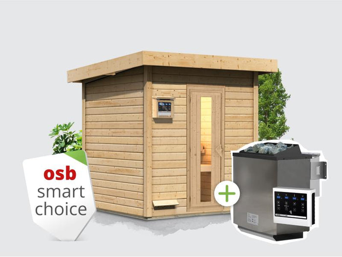 Osb smart choice Saunahaus Hella 2 38 mm - inkl. 9 kW Bioofen ext. Steuerung - mit Dacheindeckung u
