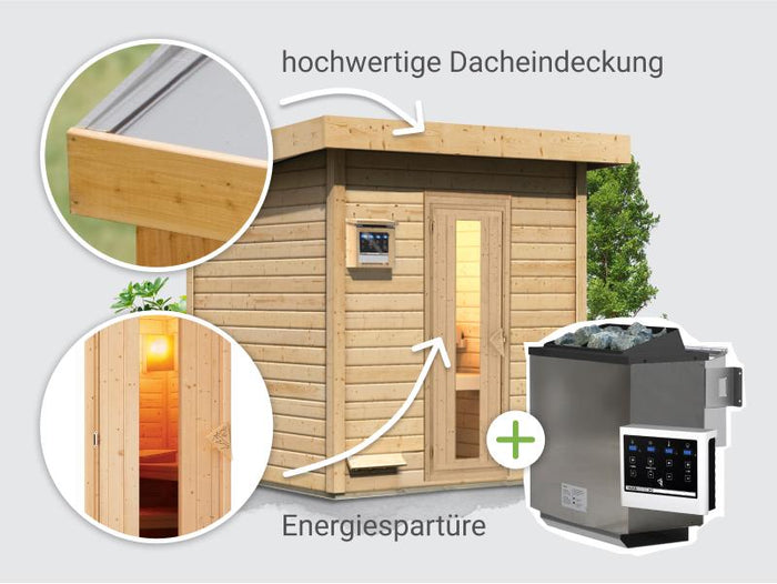 Osb smart choice Saunahaus Hella 2 38 mm - inkl. 9 kW Bioofen ext. Steuerung - mit Dacheindeckung u