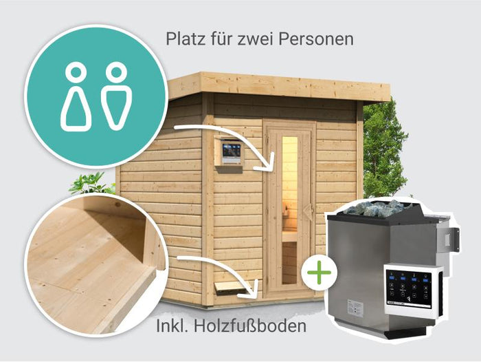 Osb smart choice Saunahaus Hella 2 38 mm - inkl. 9 kW Bioofen ext. Steuerung - mit Dacheindeckung u