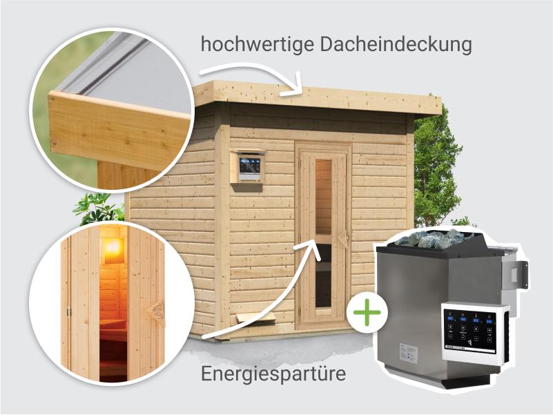 Osb smart choice Saunahaus Hella 3 38 mm - inkl. 9 kW Bioofen ext. Steuerung - inkl. Dacheindeckung