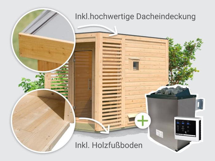Osb smart choice Saunahaus Patio 1, 38 mm naturbelassen -inkl. 9 kW Ofen ext. Steuerung- inkl. Dache