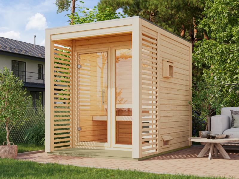 Osb smart choice Saunahaus Patio 1, 38 mm naturbelassen -inkl. 9 kW Bioofen ext. Steuerung- inkl. Da