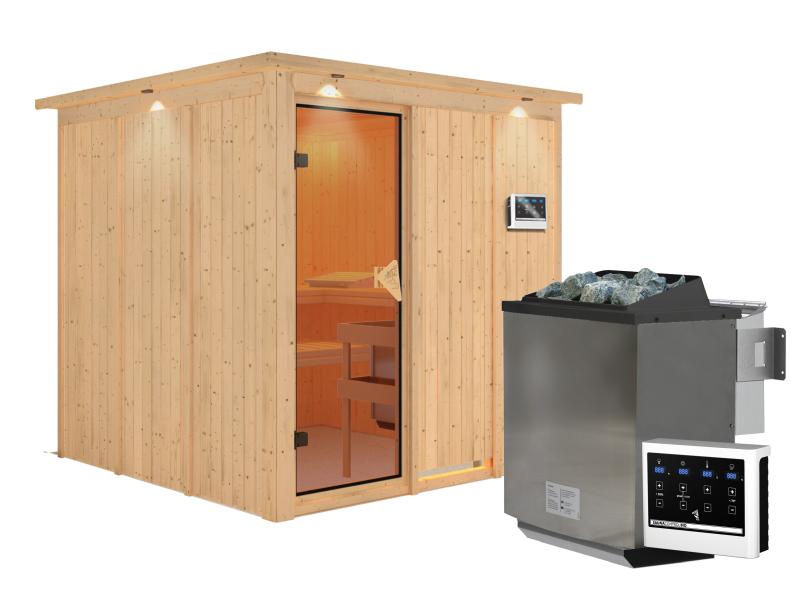 Rodin - Karibu Sauna inkl. 9-kW-Bioofen - mit Dachkranz -