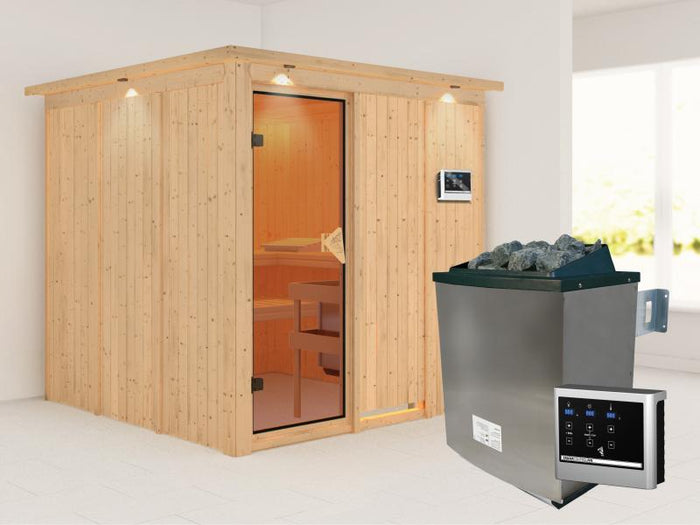 Rodin - Karibu Sauna inkl. 9-kW-Ofen - mit Dachkranz -