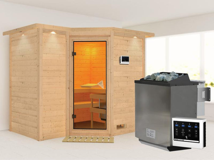 Sahib 2 - Karibu Sauna inkl. 9-kW-Bioofen - mit Dachkranz -