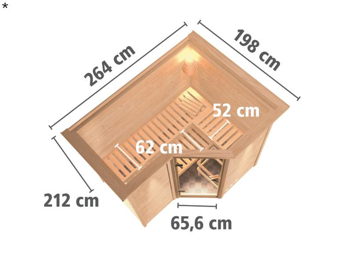 Sahib 2 - Karibu Sauna inkl. 9-kW-Bioofen - mit Dachkranz -