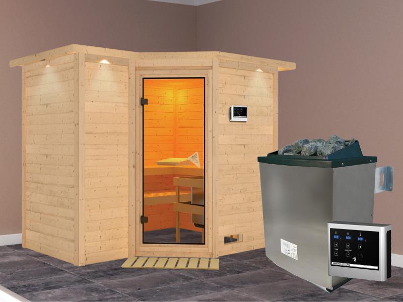 Sahib 2 - Karibu Sauna inkl. 9-kW-Ofen - mit Dachkranz -