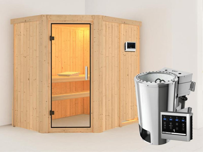 Saja - Karibu Sauna Plug & Play 3,6 kW Bio Ofen, ext. Steuerung - ohne Dachkranz - Klarglas Ganzglas