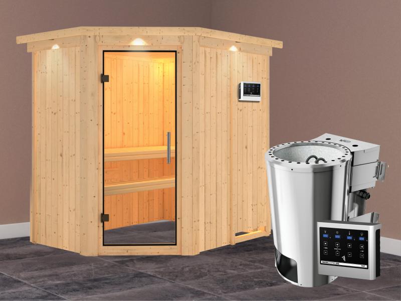 Saja - Karibu Sauna Plug & Play 3,6 kW Bio Ofen, ext. Steuerung - mit Dachkranz - Klarglas Ganzglast