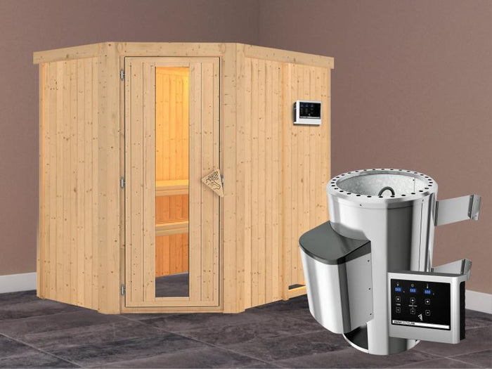 Saja - Karibu Sauna Plug & Play 3,6 kW Ofen, ext. Steuerung - ohne Dachkranz - Energiespartür