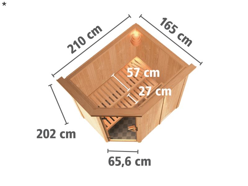 Saja - Karibu Sauna Plug & Play 3,6 kW Ofen, ext. Steuerung - mit Dachkranz - Energiespartür