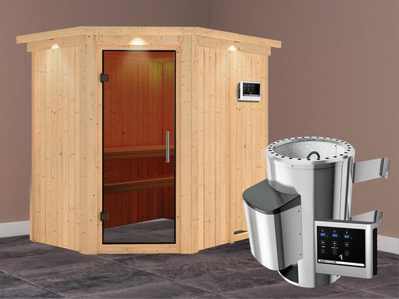 Saja - Karibu Sauna Plug & Play 3,6 kW Ofen, ext. Steuerung - mit Dachkranz - Moderne Saunatür