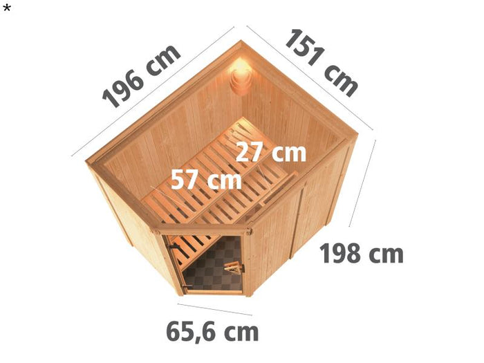 Saja - Karibu Sauna Plug & Play 3,6 kW Ofen, int. Steuerung - ohne Dachkranz - Energiespartür