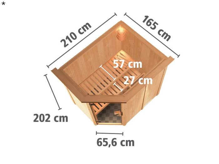 Saja - Karibu Sauna Plug & Play 3,6 kW Ofen, int. Steuerung - mit Dachkranz - Energiespartür
