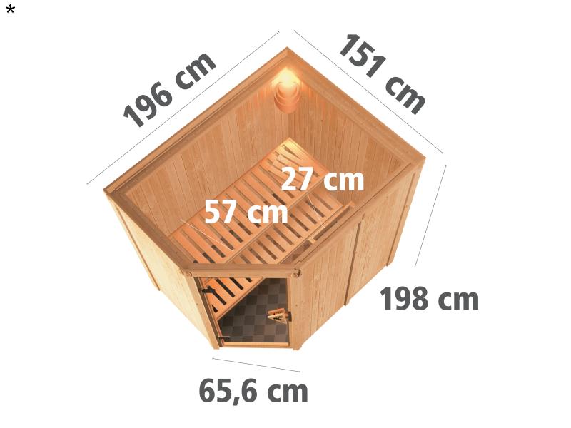 Saja - Karibu Sauna Plug & Play 3,6 kW Ofen, int. Steuerung - ohne Dachkranz - Moderne Saunatür