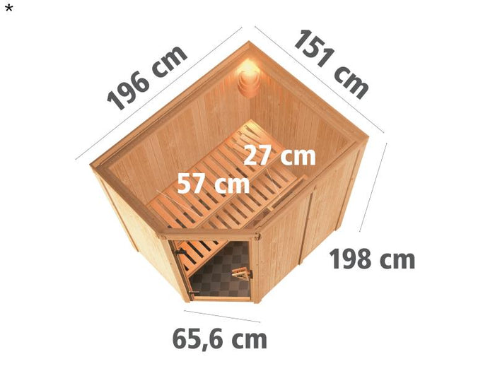 Saja - Karibu Sauna Plug & Play 3,6 kW Ofen, int. Steuerung - ohne Dachkranz - Moderne Saunatür