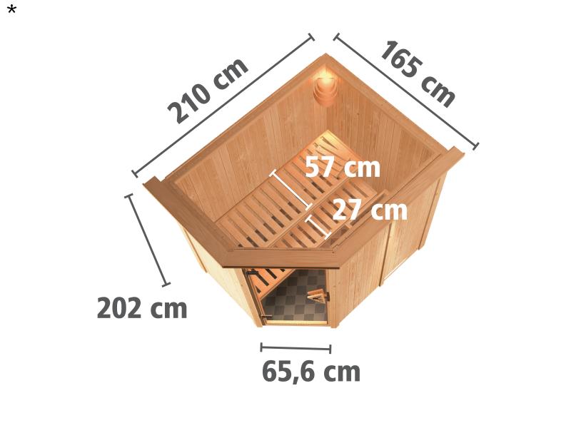 Saja - Karibu Sauna Plug & Play 3,6 kW Ofen, int. Steuerung - mit Dachkranz - Moderne Saunatür