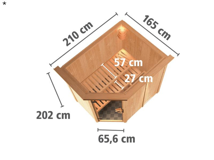 Saja - Karibu Sauna Plug & Play 3,6 kW Ofen, int. Steuerung - mit Dachkranz - Moderne Saunatür