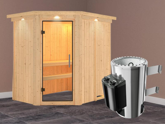 Saja - Karibu Sauna Plug & Play 3,6 kW Ofen, int. Steuerung - mit Dachkranz - Klarglas Ganzglastür