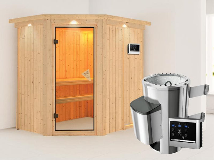 Saja - Karibu Sauna Plug & Play inkl. 3,6 kW-Ofen - mit Dachkranz -