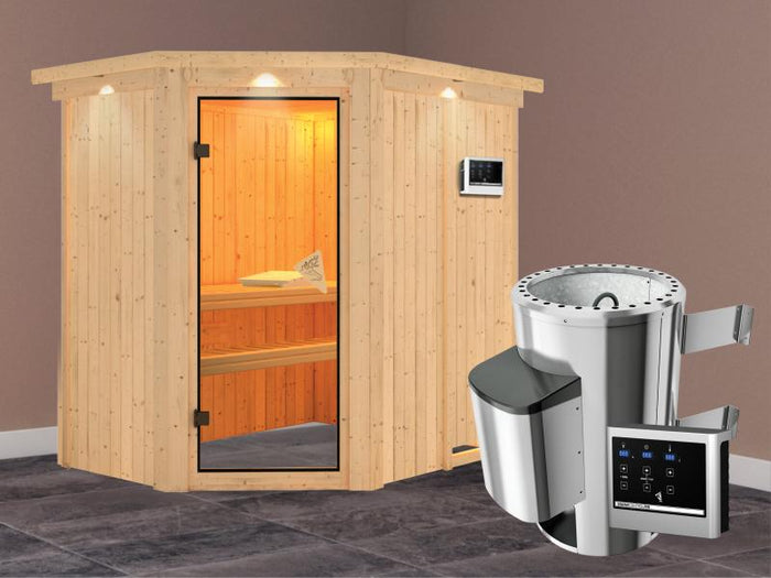 Saja - Karibu Sauna Plug & Play inkl. 3,6 kW-Ofen - mit Dachkranz -