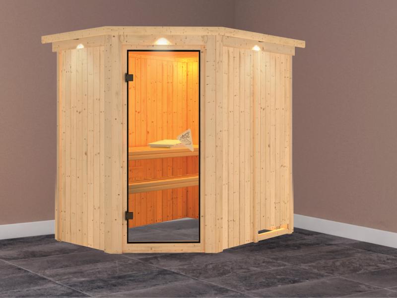 Saja - Karibu Sauna Plug & Play ohne Ofen - mit Dachkranz -