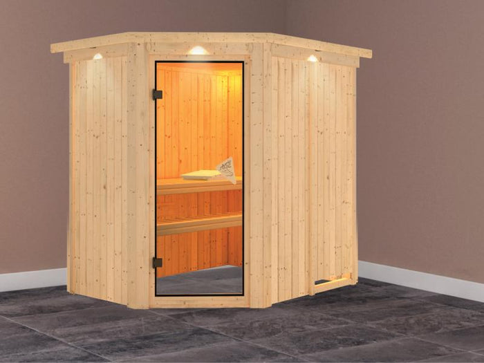 Saja - Karibu Sauna Plug & Play ohne Ofen - mit Dachkranz -