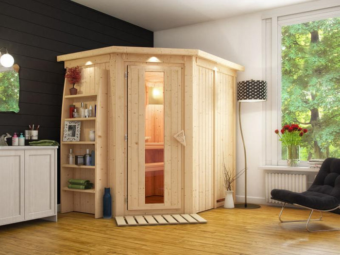 Saja - Karibu Sauna Plug & Play ohne Ofen - mit Dachkranz - Energiespartür