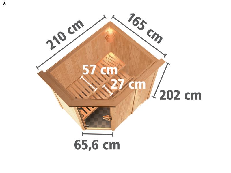 Saja - Karibu Sauna Plug & Play ohne Ofen - mit Dachkranz - Energiespartür