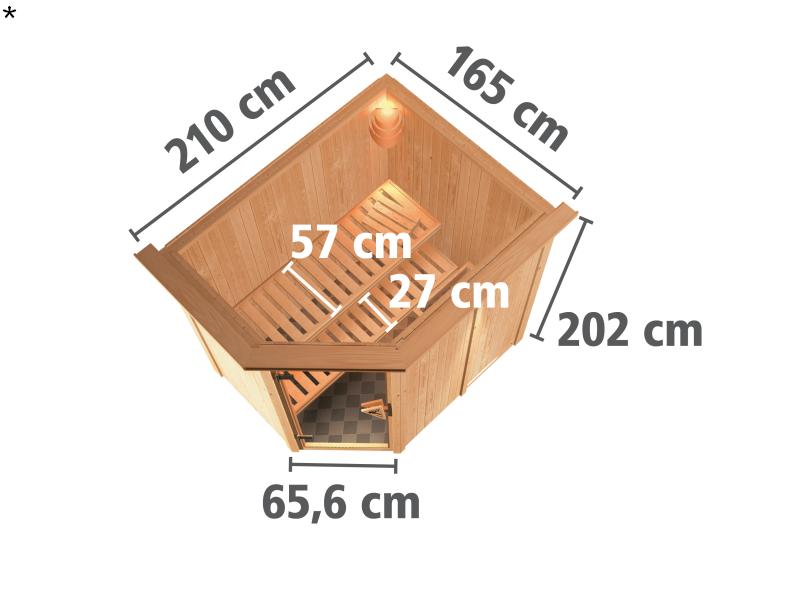 Saja - Karibu Sauna Plug & Play ohne Ofen - mit Dachkranz - Moderne Saunatür