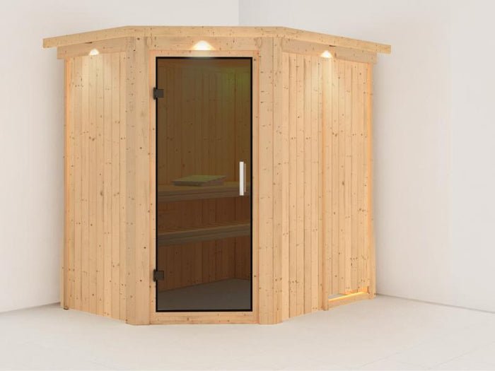 Saja - Karibu Sauna Plug & Play ohne Ofen - mit Dachkranz - Moderne Saunatür