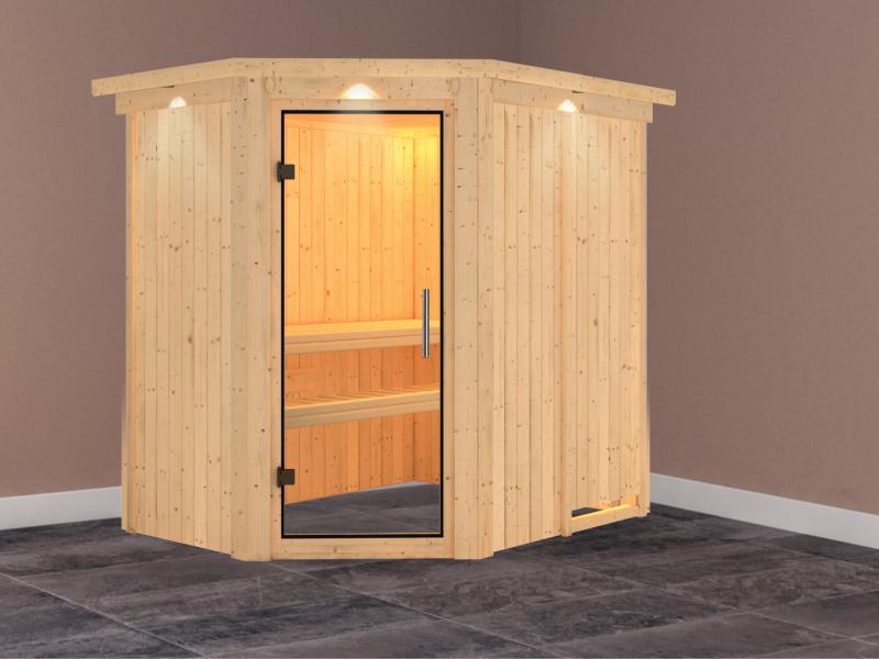 Saja - Karibu Sauna Plug & Play ohne Ofen - mit Dachkranz - Klarglas Ganzglastür