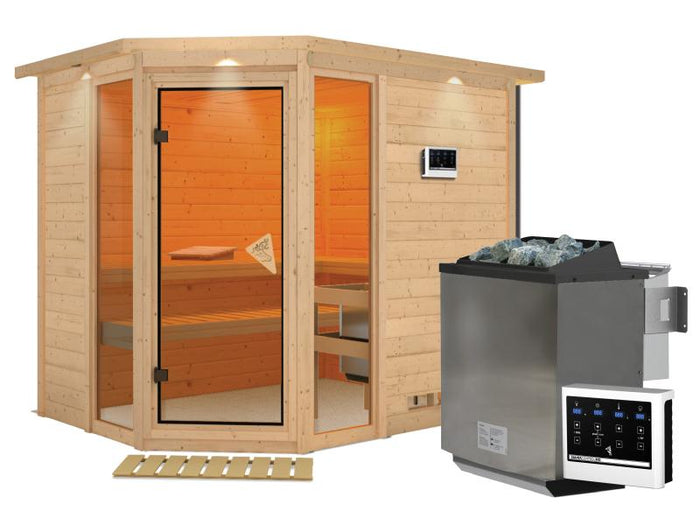 Sinai 3 - Karibu Sauna inkl. 9-kW-Bioofen - mit Dachkranz -