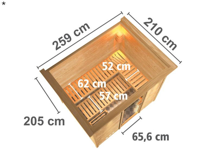 Sonara - Karibu Sauna inkl. 9-kW-Bioofen - mit Dachkranz -