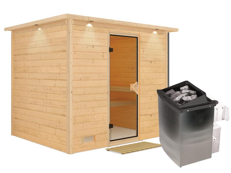 Sonara - Karibu Sauna inkl. 9-kW-Ofen - mit Dachkranz -