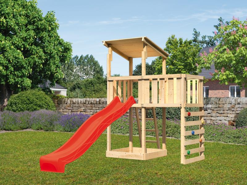 Spielturm Anna + Rutsche rot + Anbauplattform + Kletterwand
