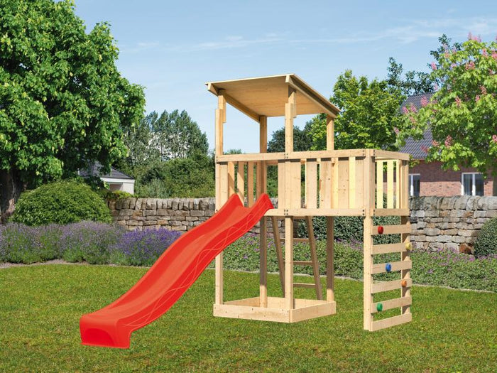 Spielturm Anna + Rutsche rot + Anbauplattform + Kletterwand