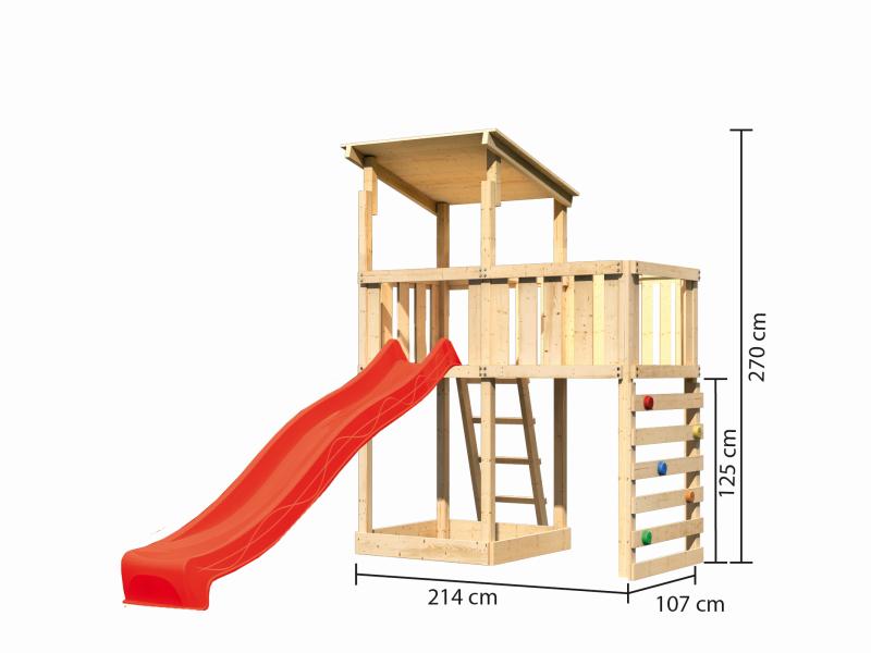 Spielturm Anna + Rutsche rot + Anbauplattform + Kletterwand