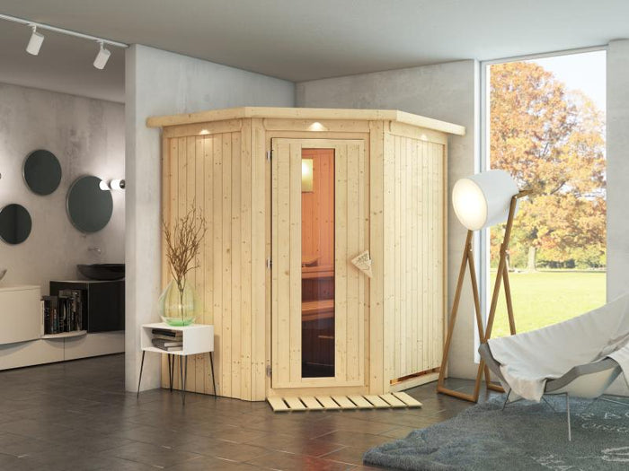 Taurin - Karibu Sauna ohne Ofen - mit Dachkranz -mit Energiespar Saunatür